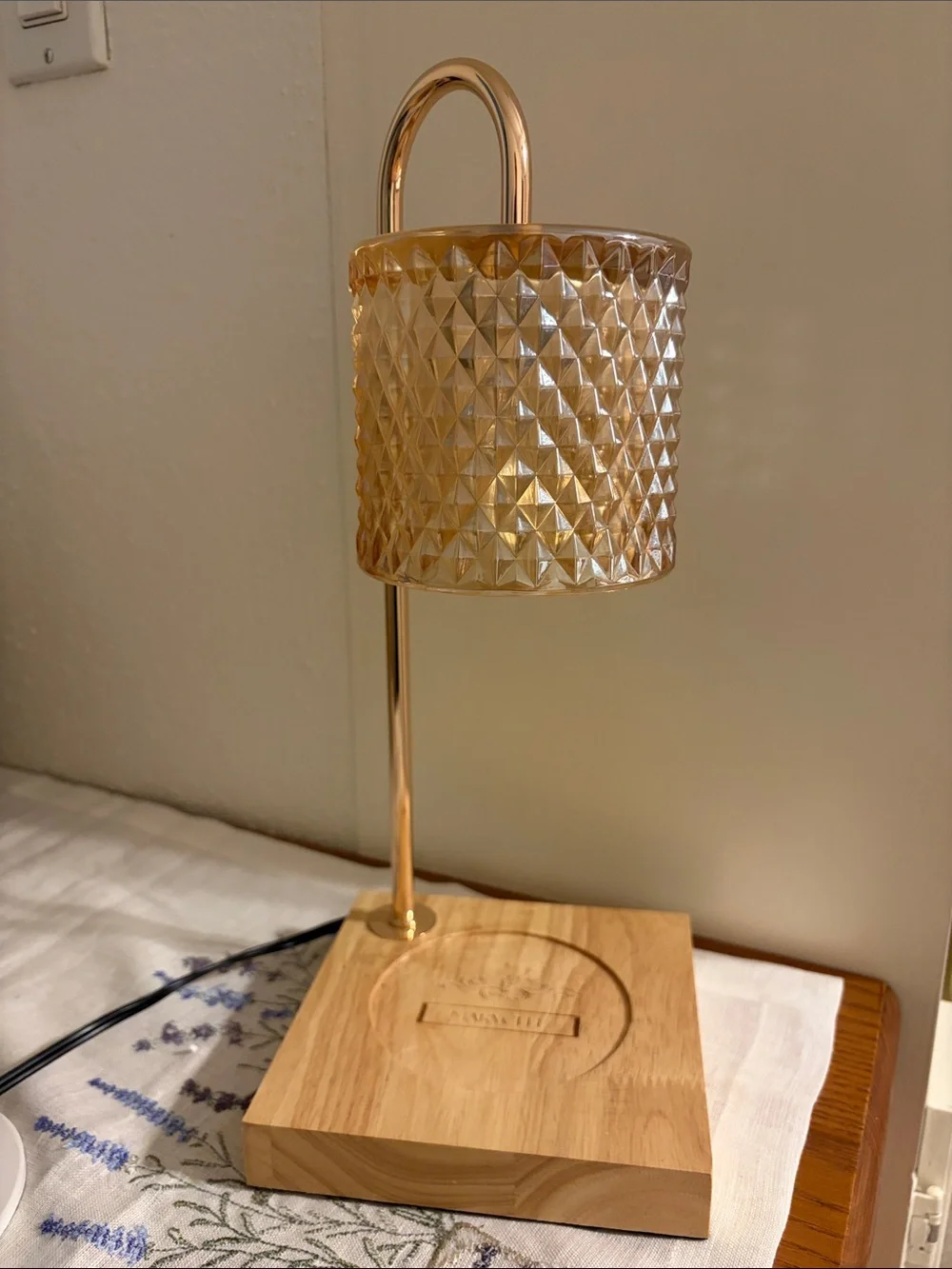 Amber Glass Candle Warmer with Gold Stem and Oak Base